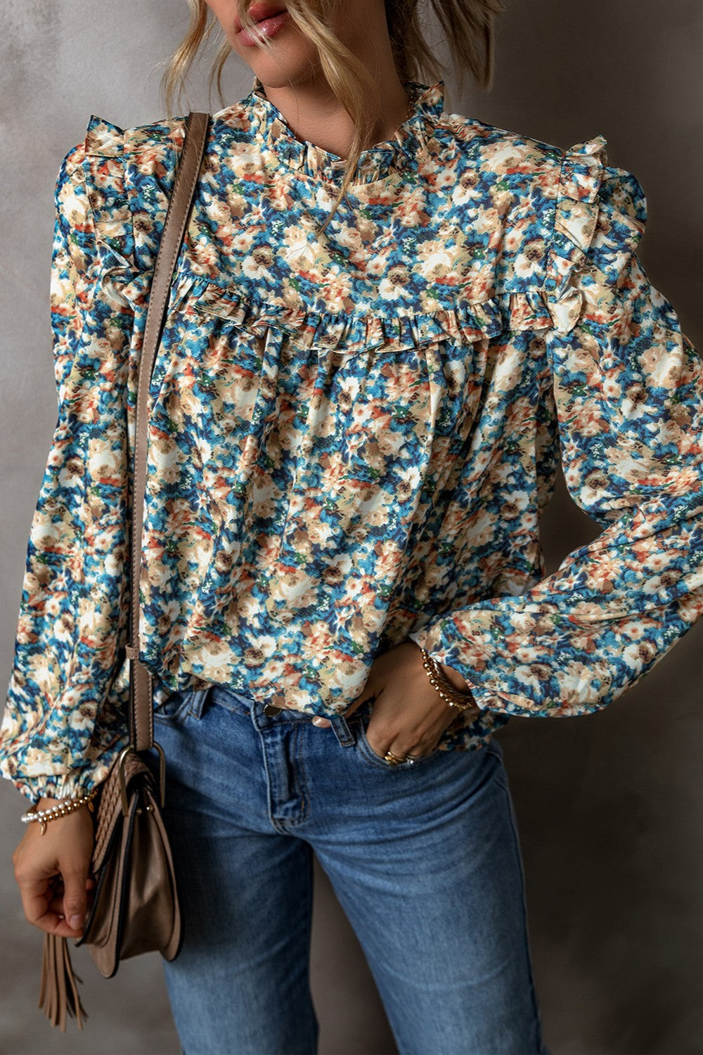 Frill Printed Mock Neck Long Sleeve Blouse - Charming Charlie