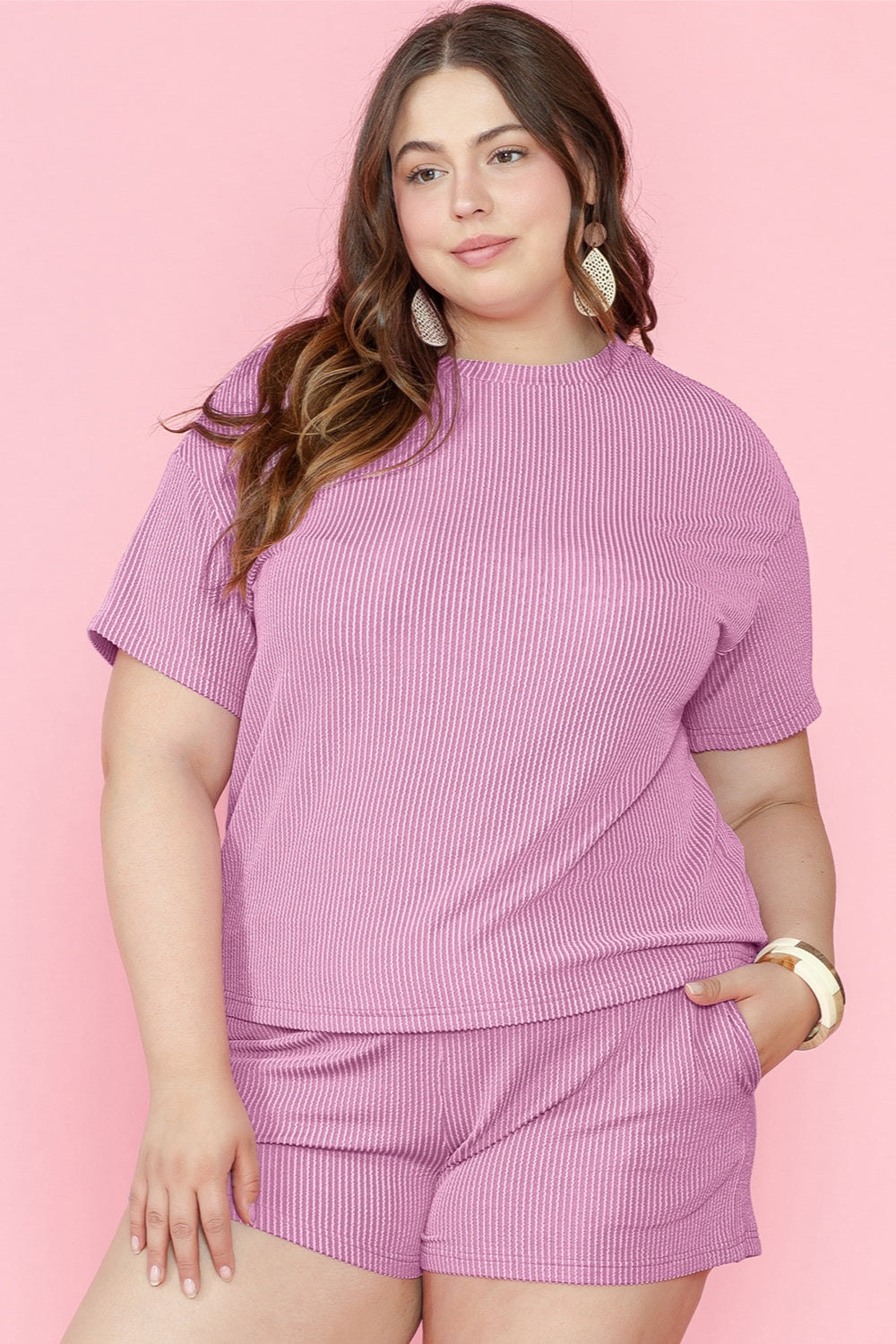 Plus Size Round Neck Short Sleeve Top and Shorts Set - Charming Charlie