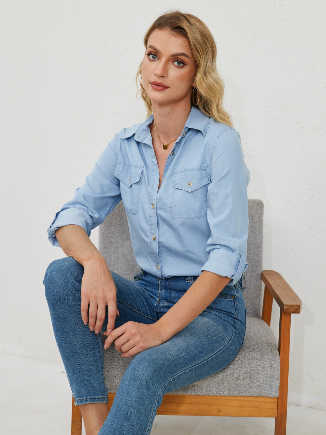 Pocketed Button Up Long Sleeve Denim Shirt - Charming Charlie