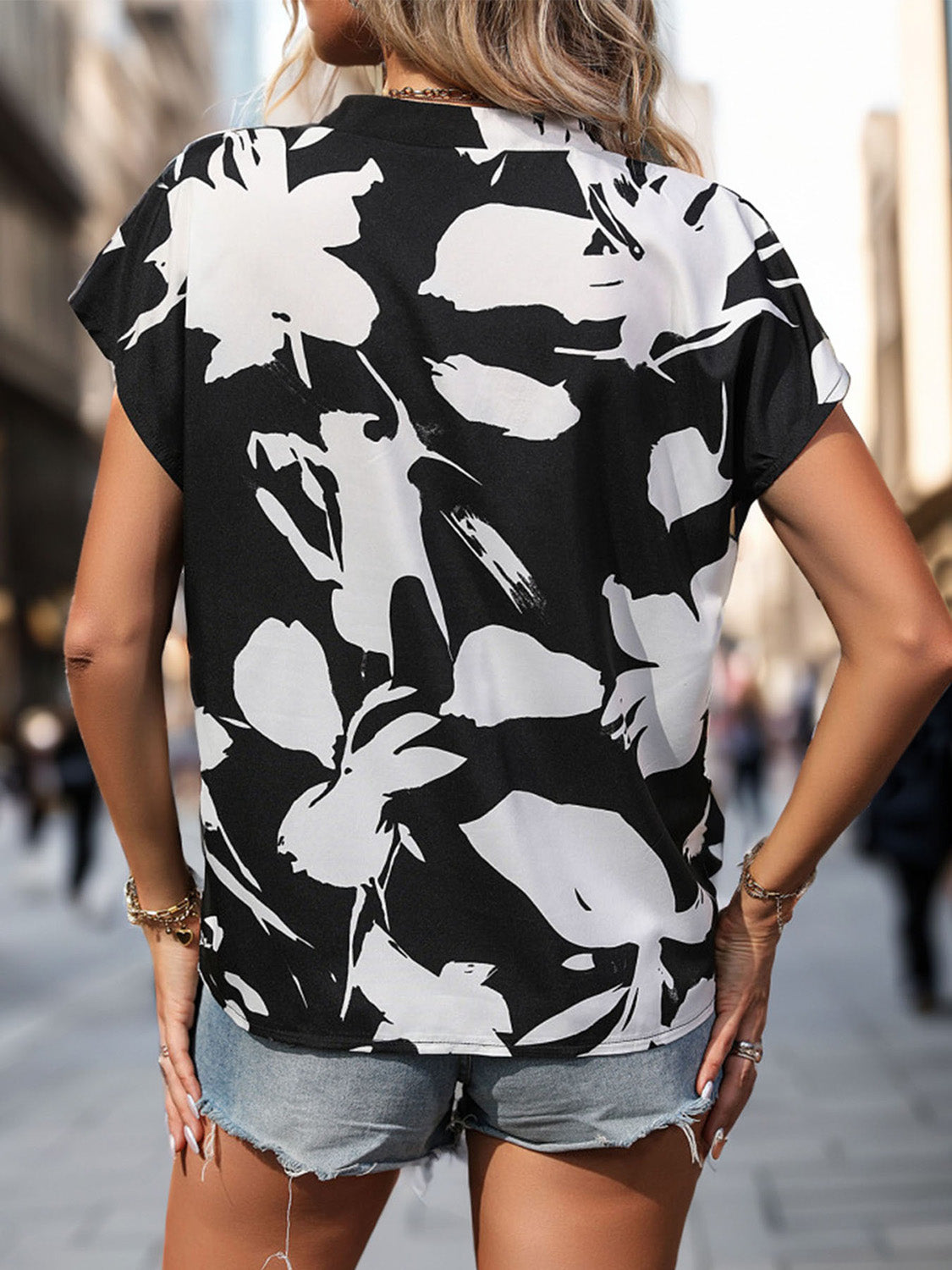 Printed Notched Short Sleeve Blouse - Charming Charlie
