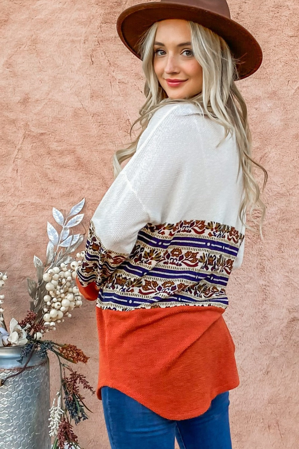 And The Why Ethnic Print Color Block Top - Charming Charlie