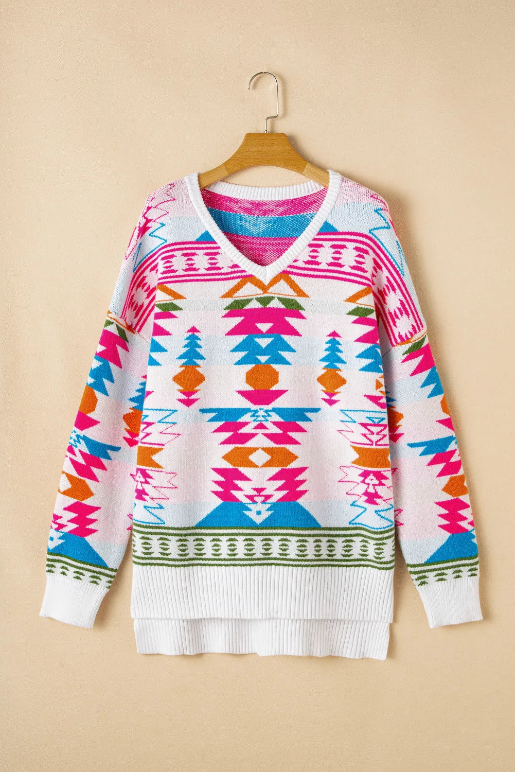Geometric V-Neck Long Sleeve Sweater - Charming Charlie