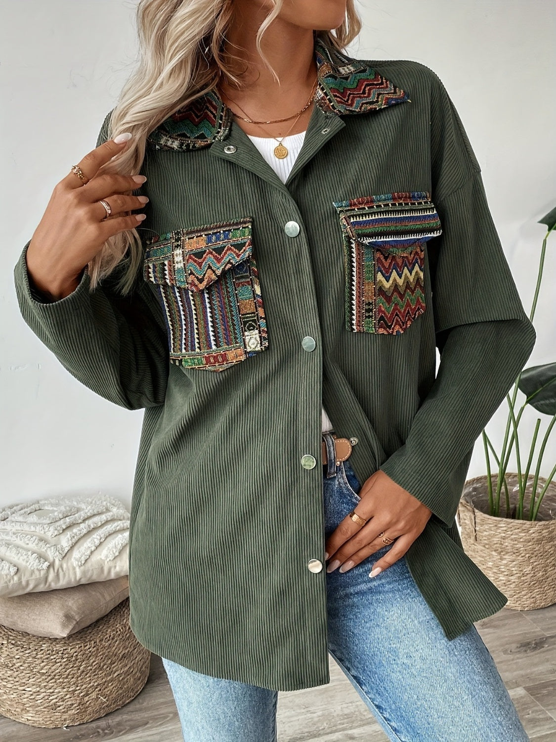 Snap Down Long Sleeve Jacket with Chest Pockets - Charming Charlie