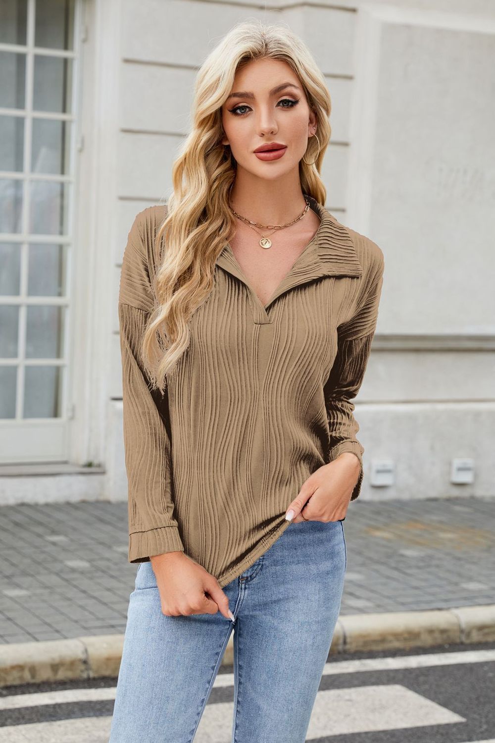Texture Collared Neck Long Sleeve Blouse - Charming Charlie