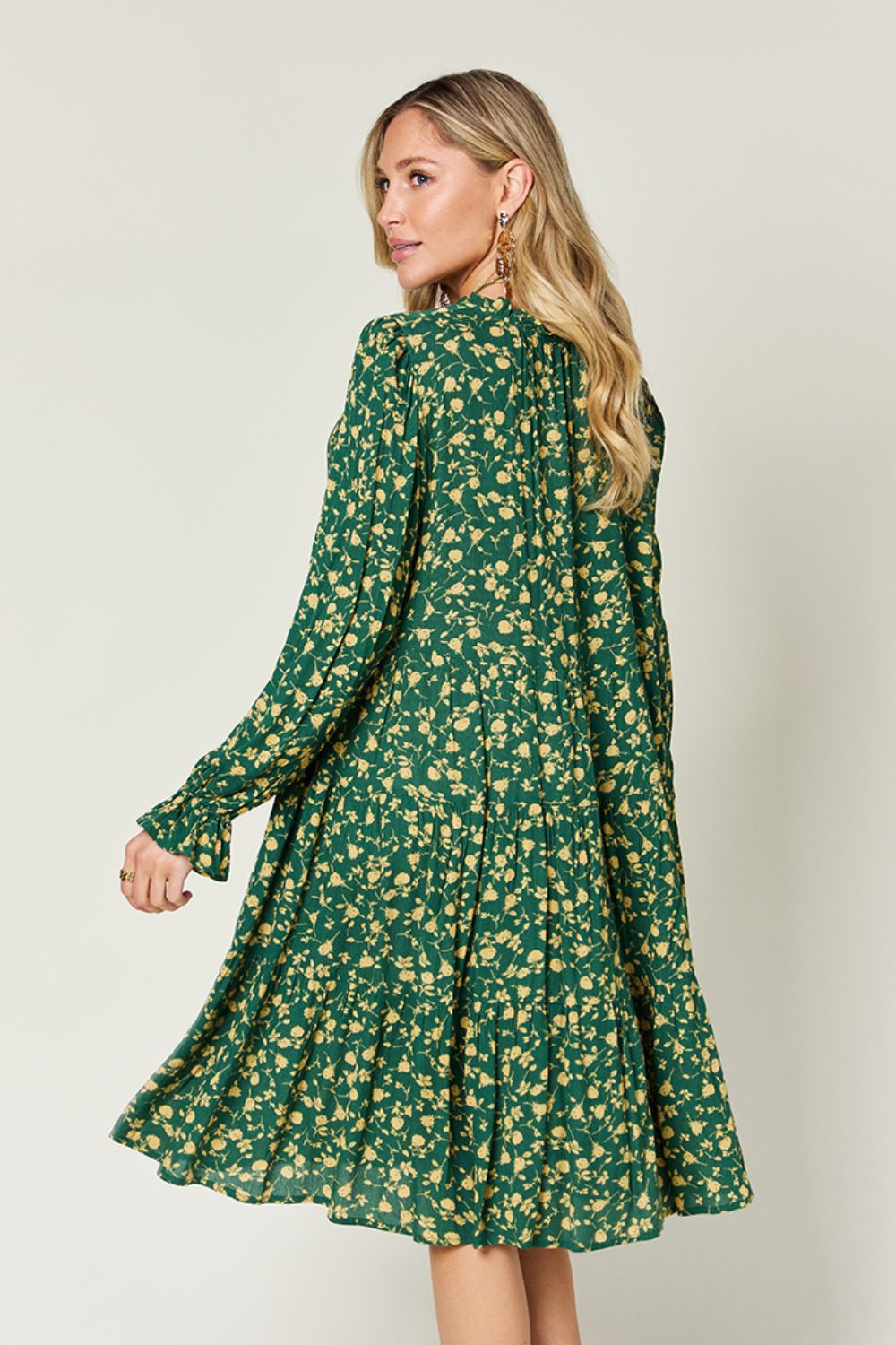 Double Take Full Size Printed Ruffle Hem Long Sleeve Tiered Dress - Charming Charlie