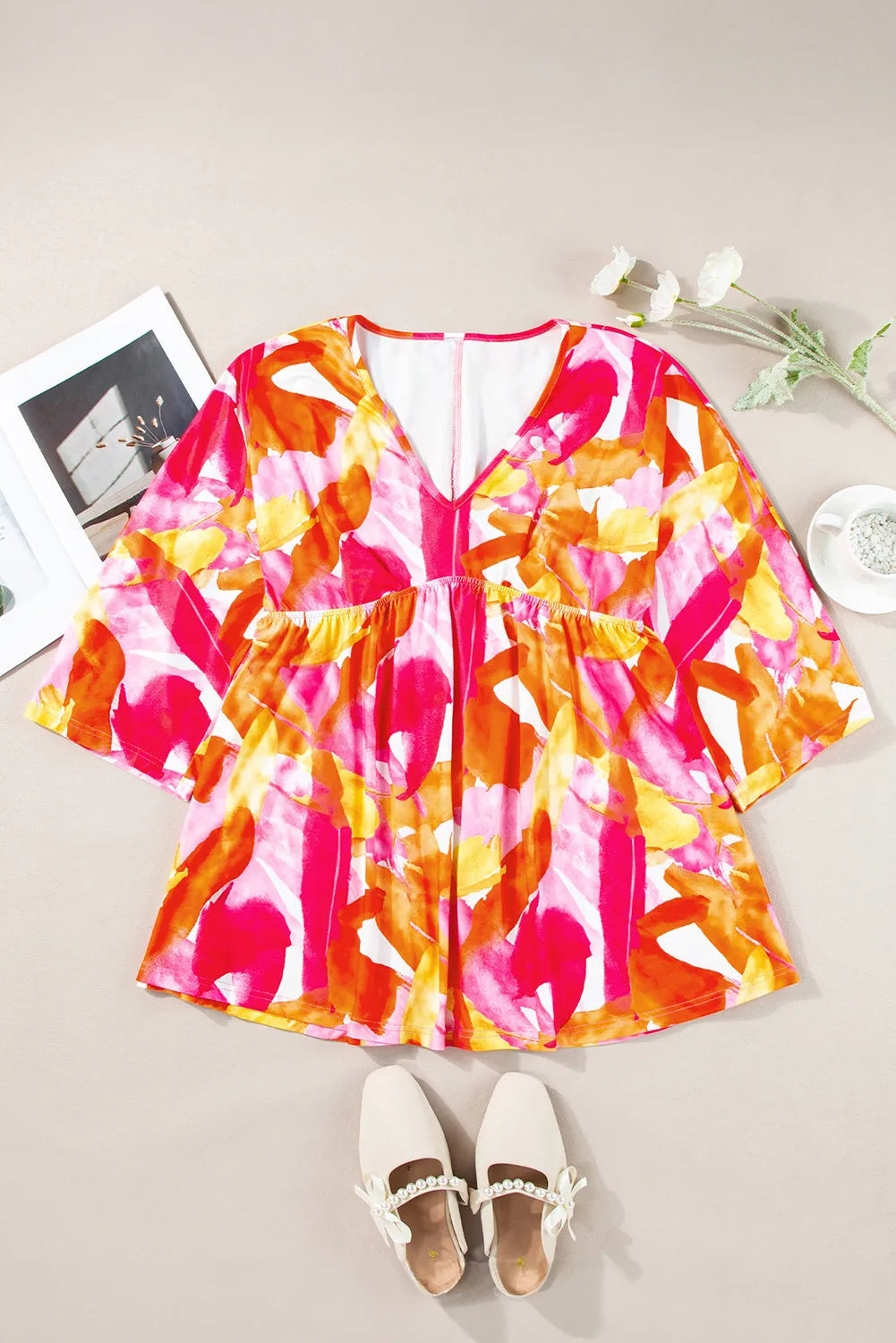 Printed V-Neck Three-Quarter Sleeve Blouse - Charming Charlie
