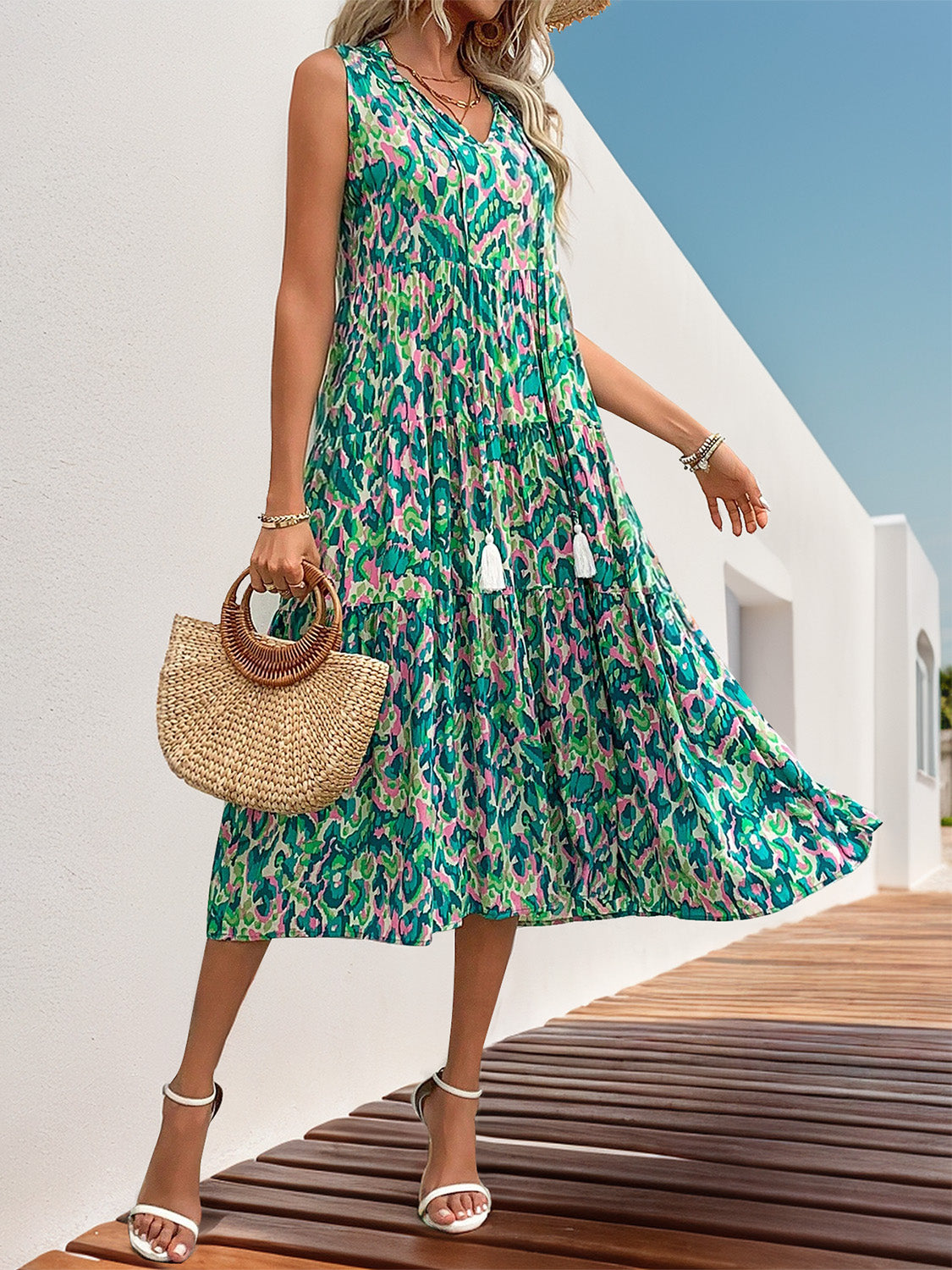 Tassel Printed Tie Neck Sleeveless Dress - Charming Charlie