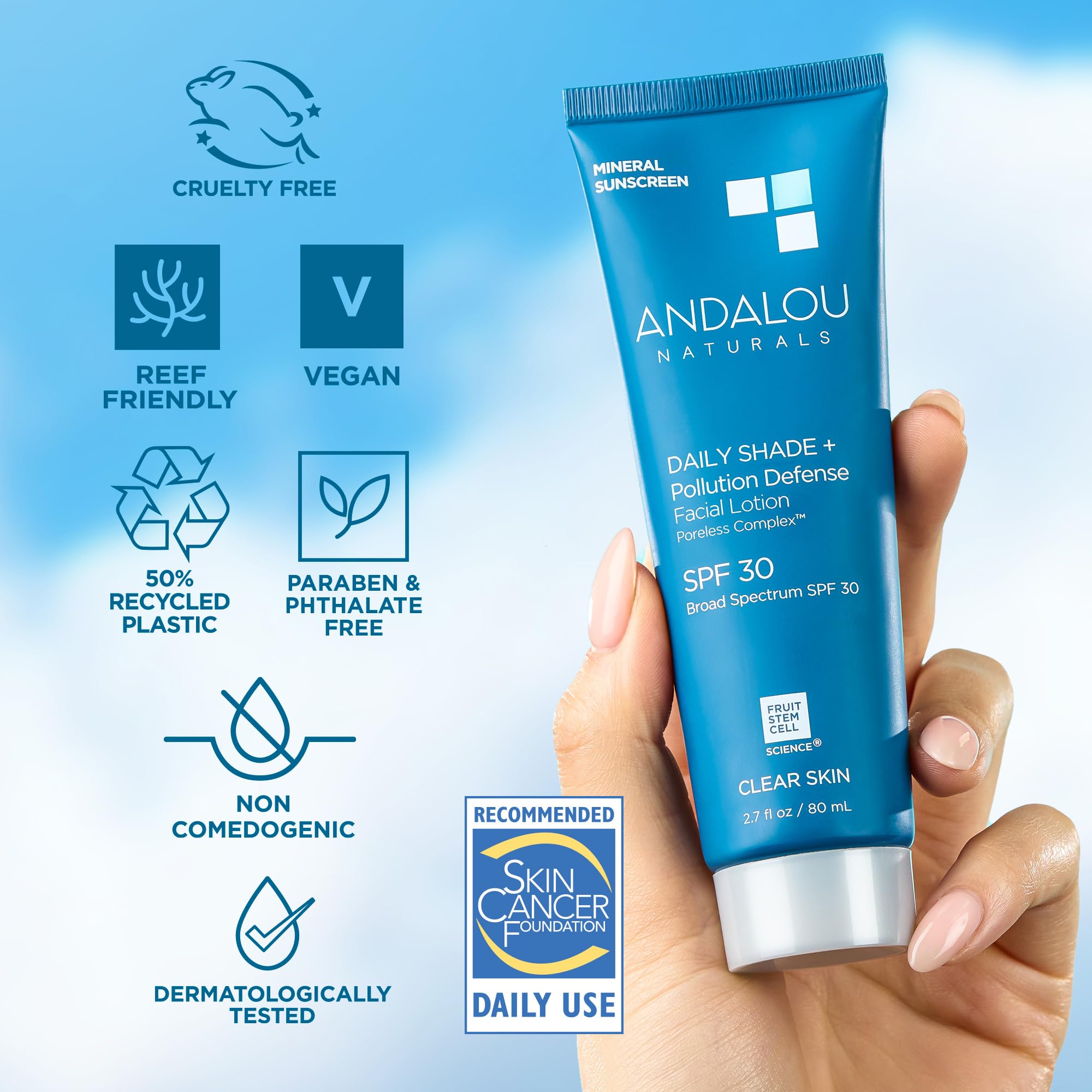 Andalou Naturals Daily Shade Face Sunscreen, SPF 30 Zinc Oxide Mineral Sunscreen, Sun + Pollution Defense Face Lotion, Helps Minimize Look of Pores, Matte Finish & Lightweight - 2.7 Fl. Oz. - Charming Charlie