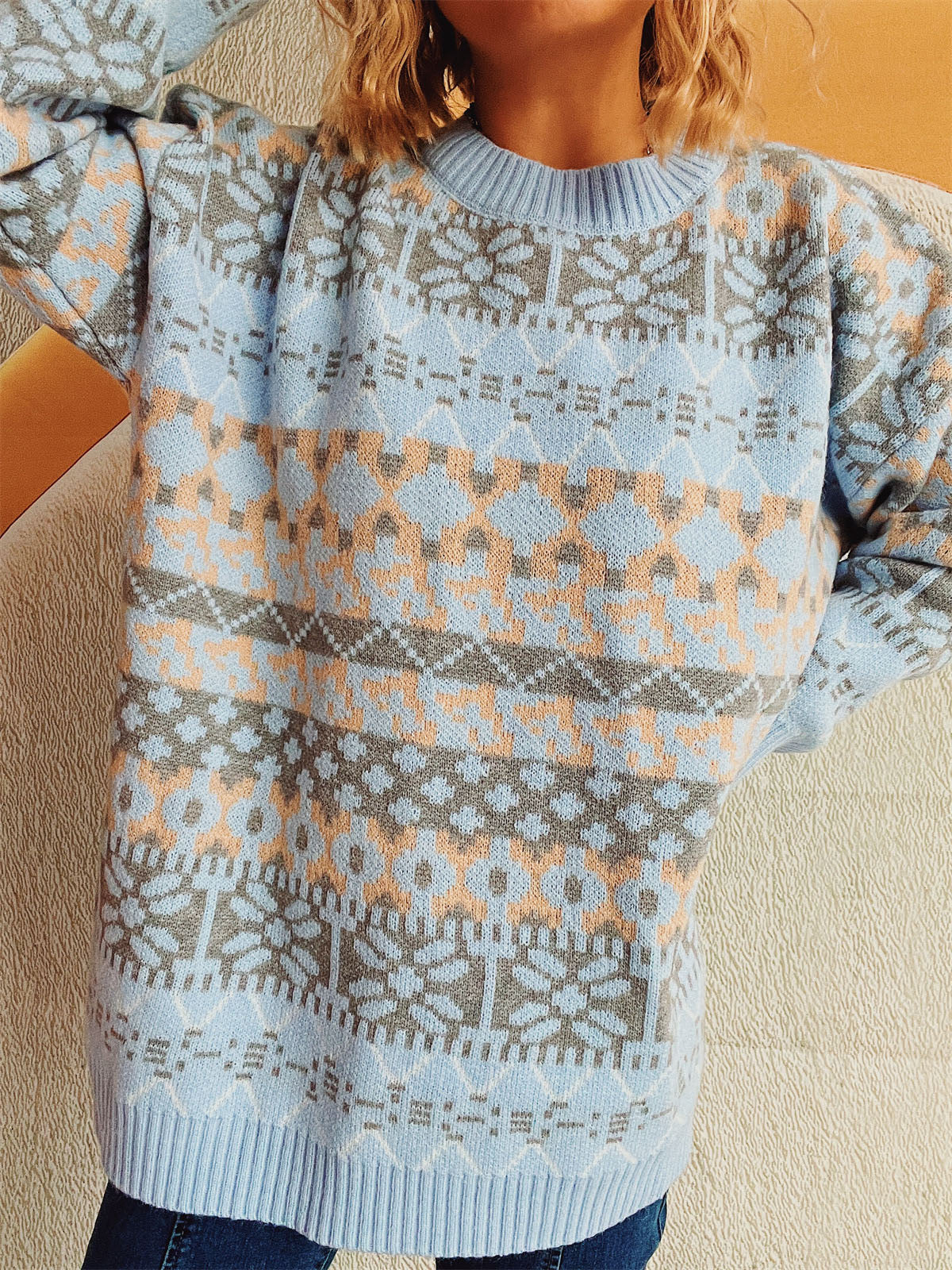 Geometric Round Neck Dropped Shoulder Sweater - Charming Charlie