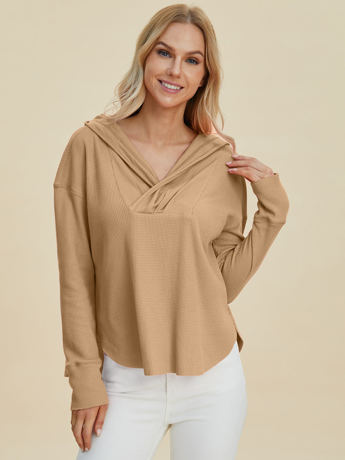 Double Take Full Size High-Low Dropped Shoulder Long Sleeve Hoodie - Charming Charlie