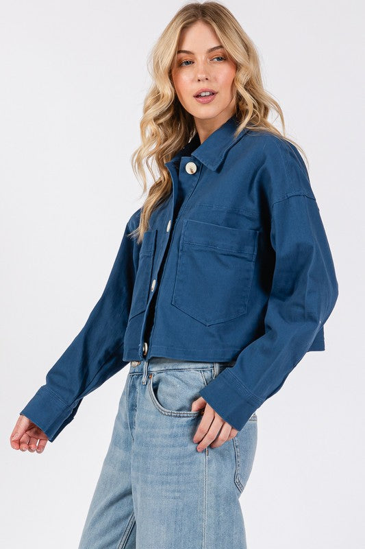 bytos Button Down Cropped Denim Jacket with Patch Pockets - Charming Charlie