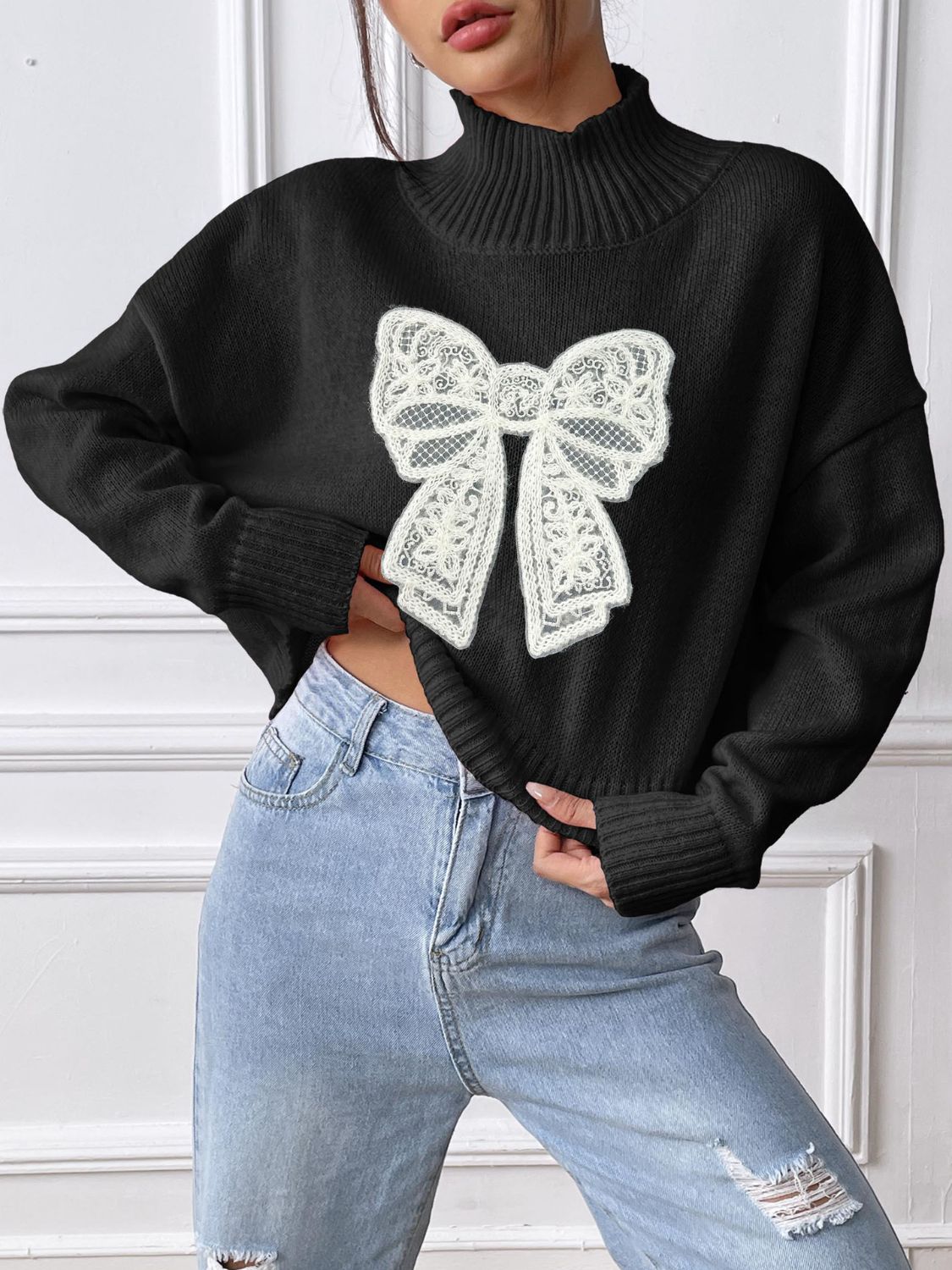 Bow Turtleneck Long Sleeve Sweater - Charming Charlie