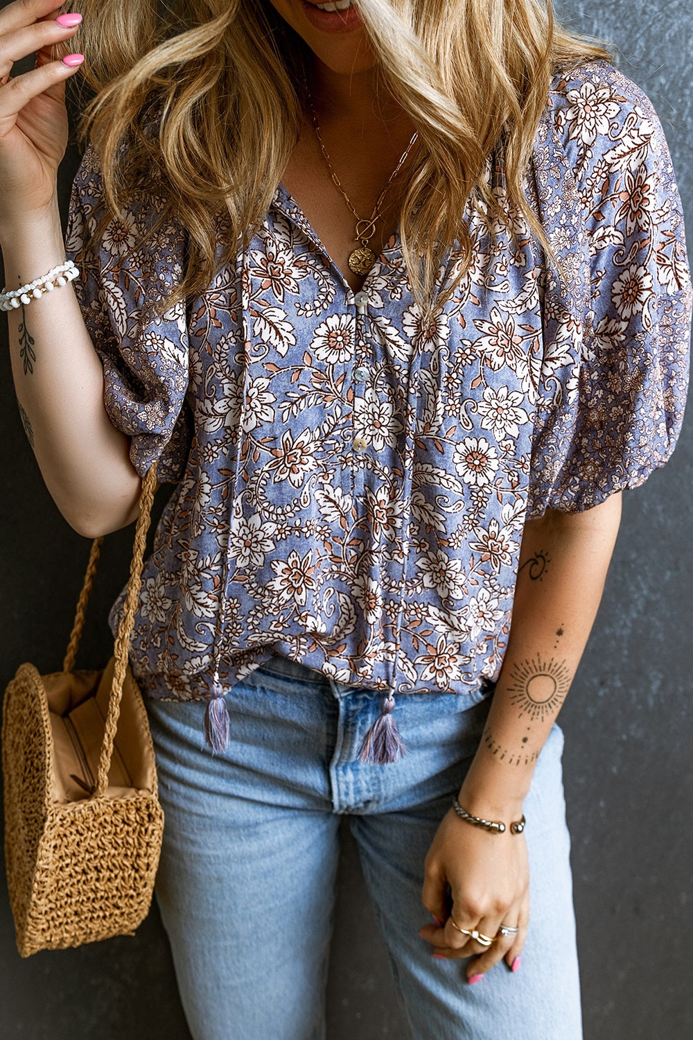 Printed Tie Neck Half Sleeve Blouse - Charming Charlie