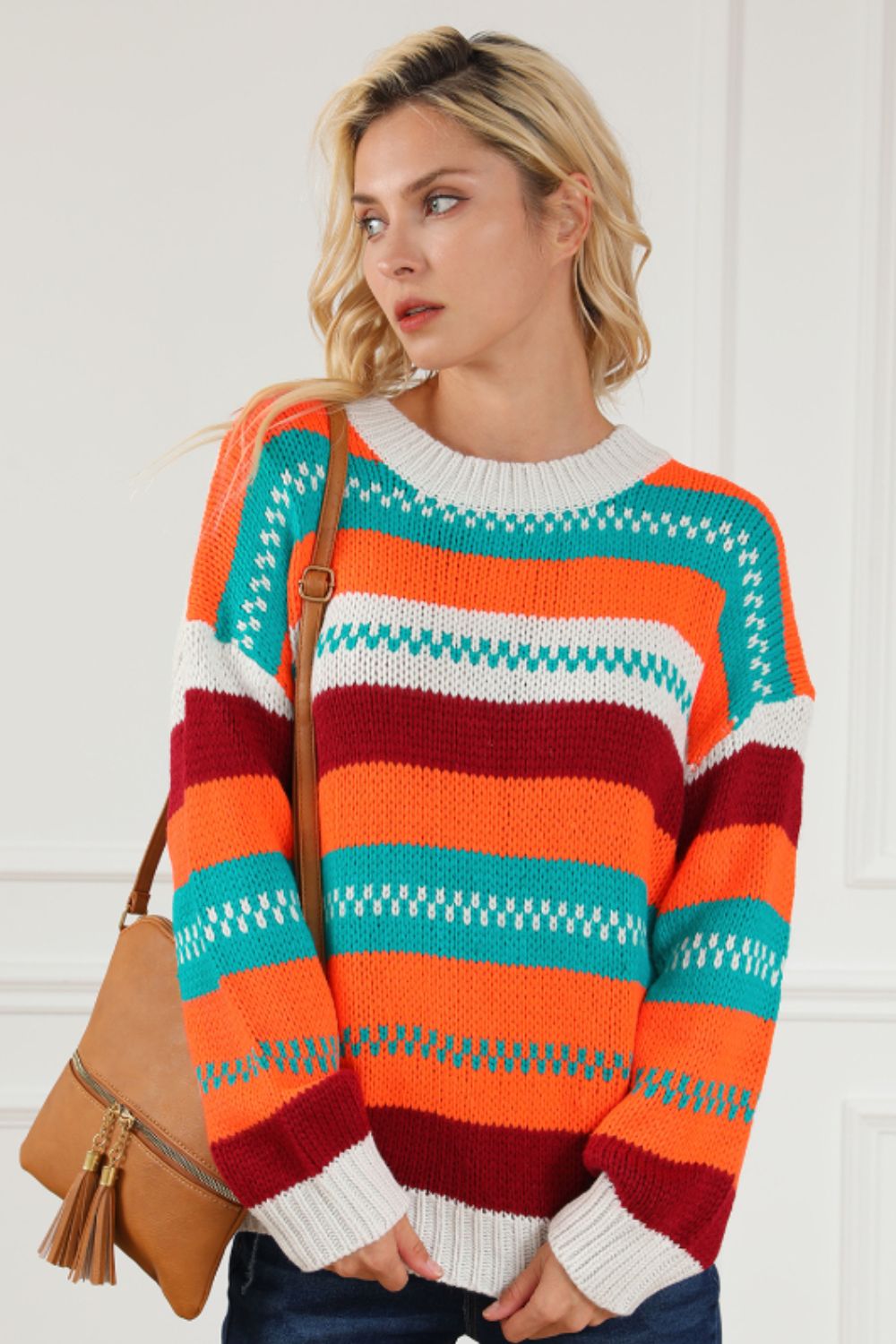 Contrast Striped Round Neck Long Sleeve Sweater - Charming Charlie