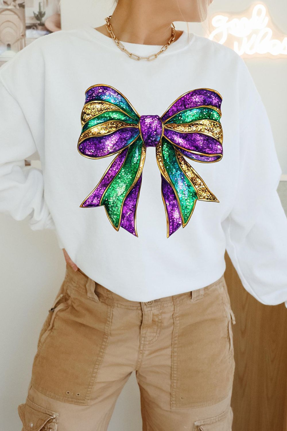 Bow Round Neck Long Sleeve Sweatshirt - Charming Charlie