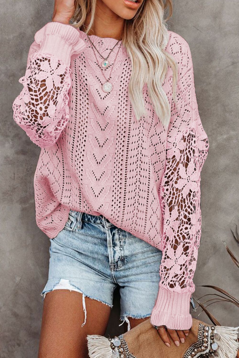 Openwork Round Neck Long Sleeve Sweater - Charming Charlie