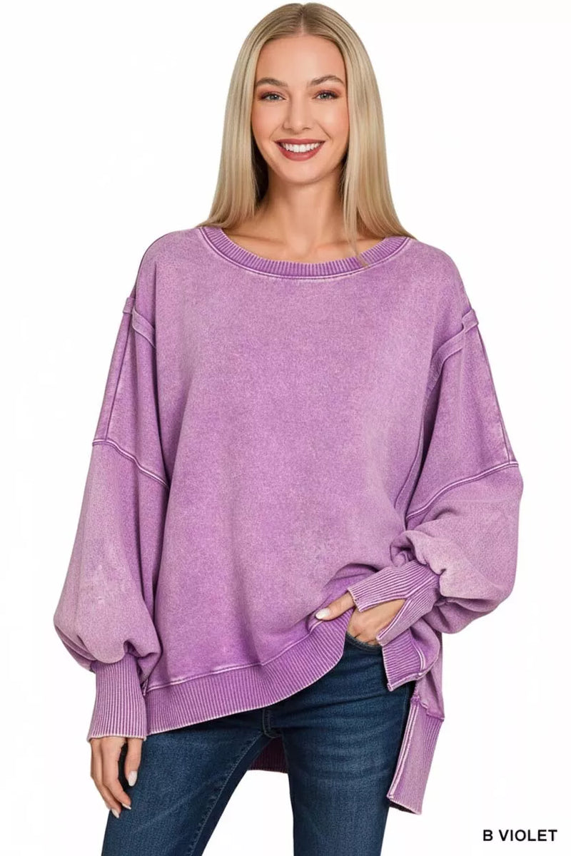 Zenana Acid Washed Batwing Sleeve Fleece Sweatshirt – Charming Charlie