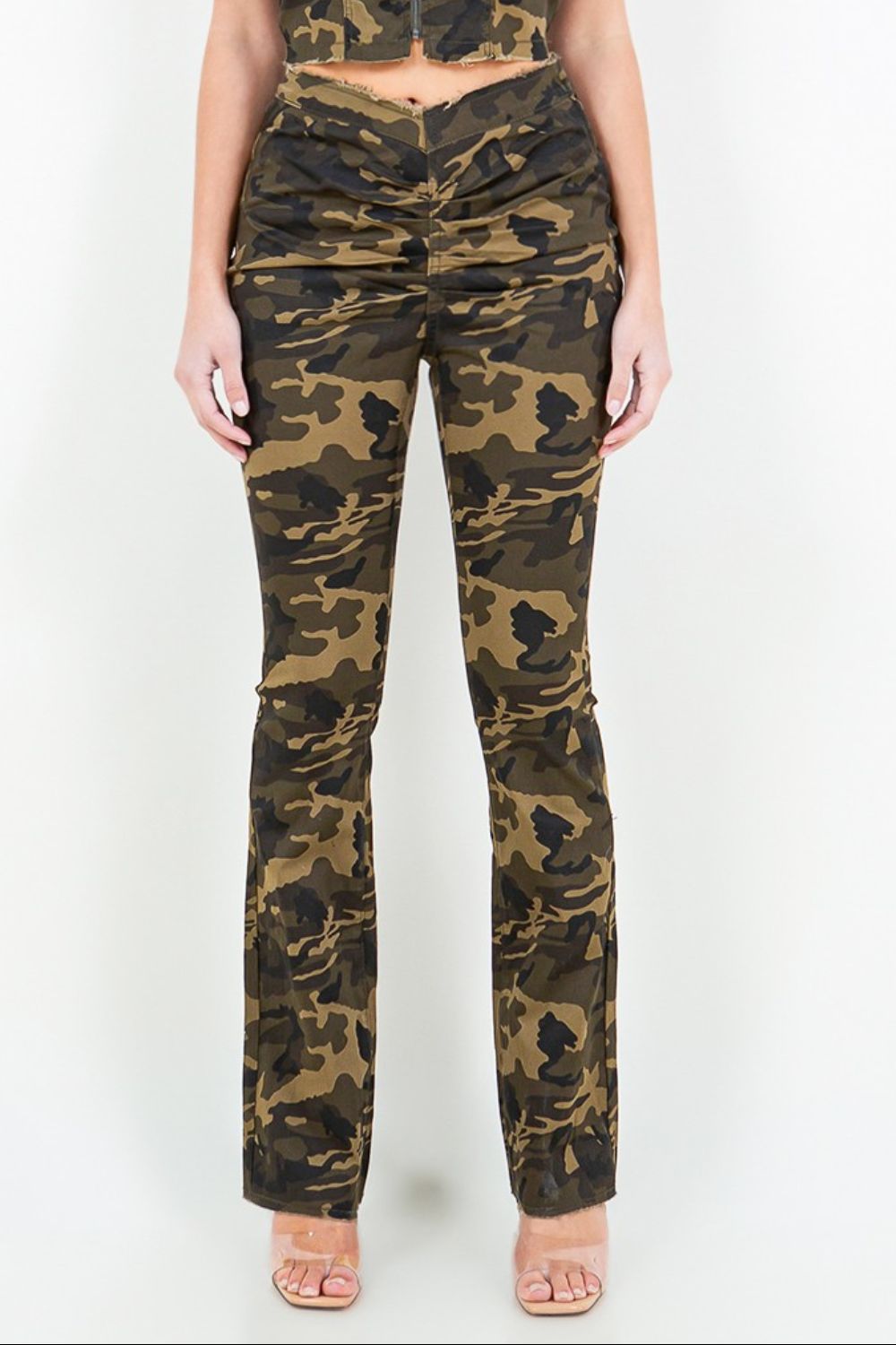 American Bazi V-Cut Ruched Camo Flare Pants - Charming Charlie