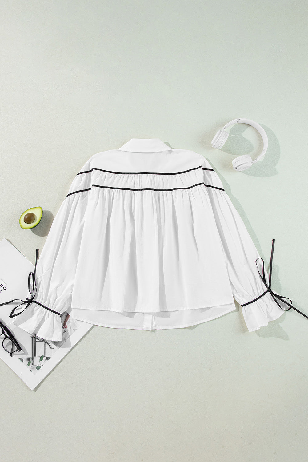 Ribbon Bowtie Collared Neck Flounce Sleeve Shirt - Charming Charlie