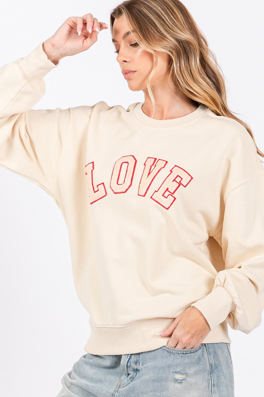 SAGE + FIG LOVE Path Applique Drop Shoulder Sweatshirt - Charming Charlie