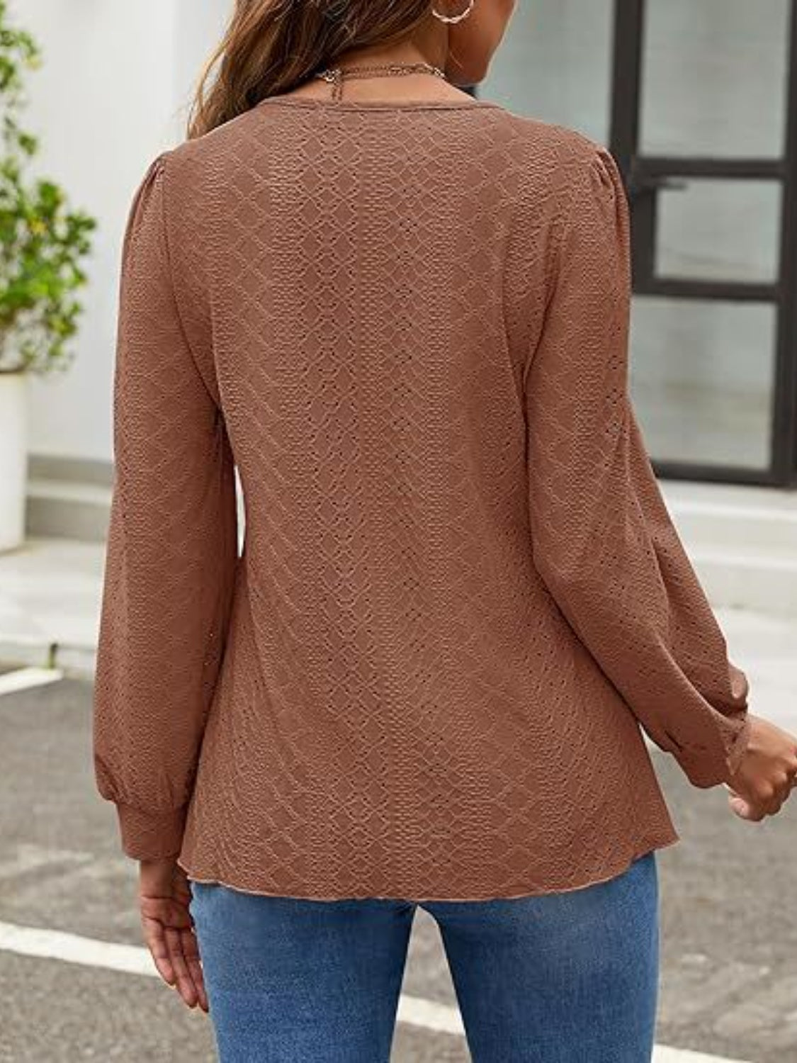 Eyelet Round Neck Long Sleeve Top - Charming Charlie