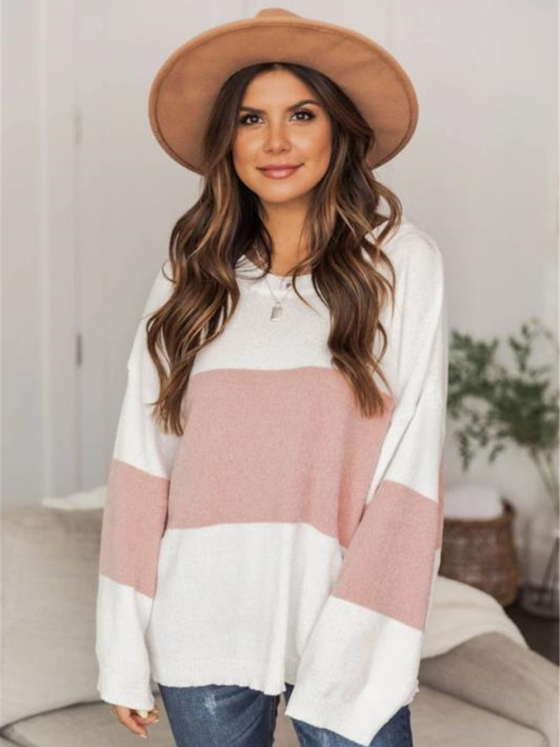 Color Block Round Neck Long Sleeve Sweater - Charming Charlie