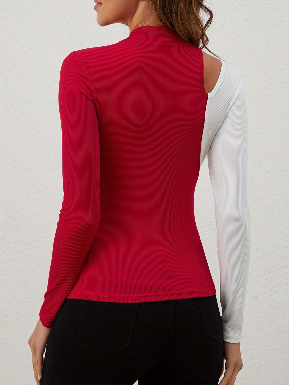 Cutout Contrast Mock Neck Long Sleeve T-Shirt - Charming Charlie