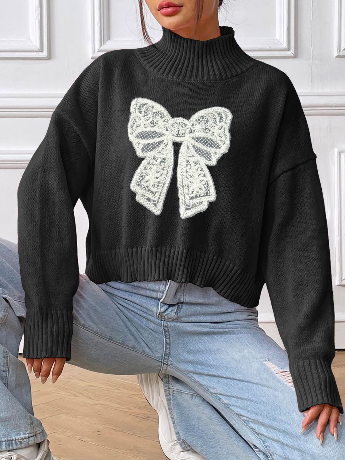 Bow Turtleneck Long Sleeve Sweater - Charming Charlie