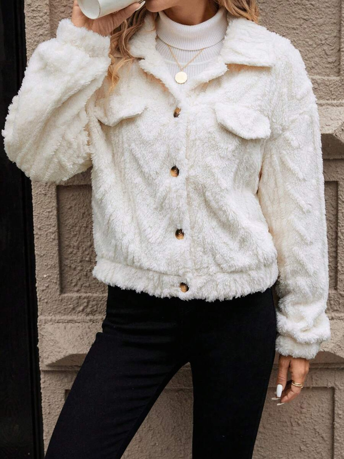 Button Up Long Sleeve Fuzzy Outerwear - Charming Charlie