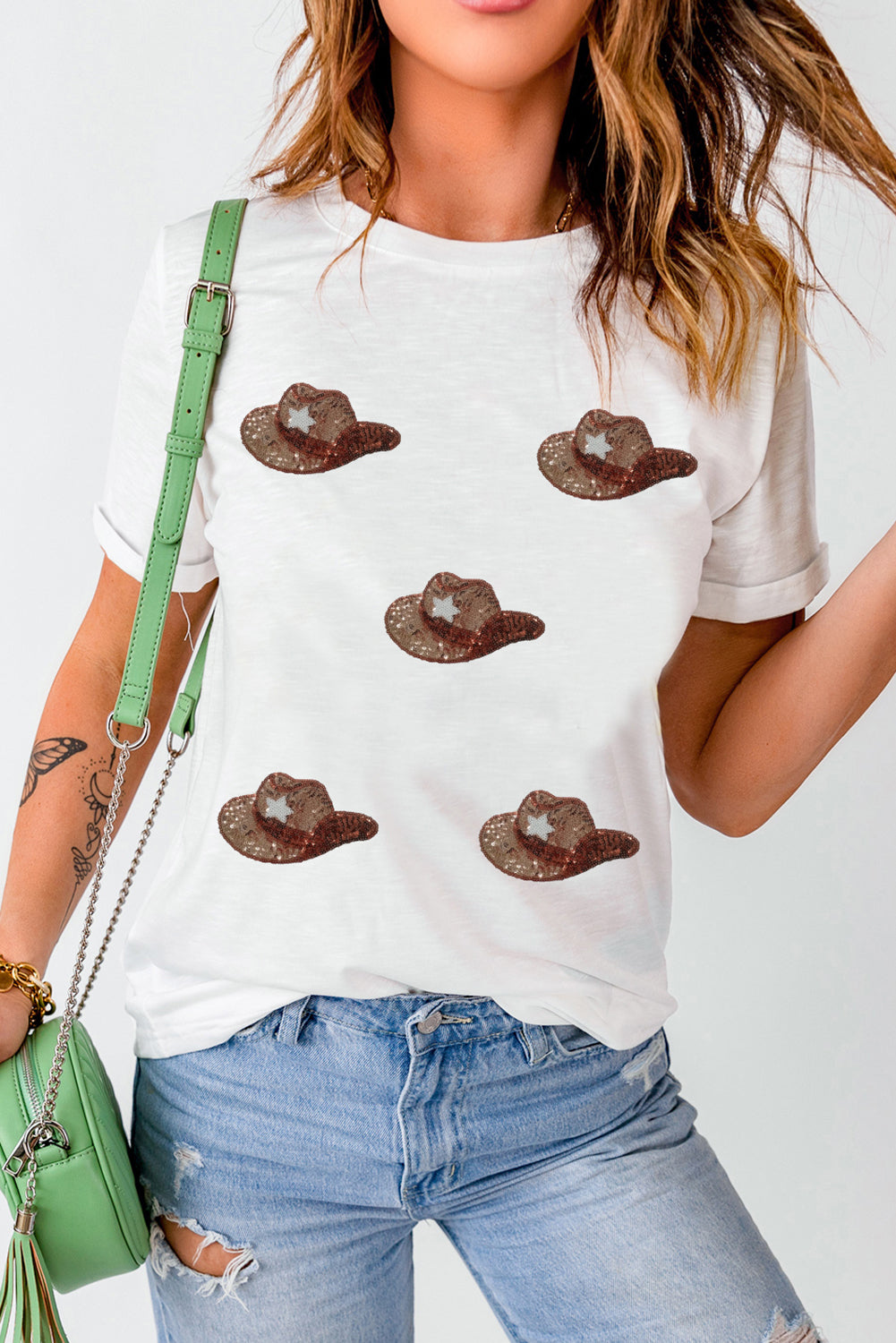 Sequin Hat Round Neck Short Sleeve T-Shirt - Charming Charlie
