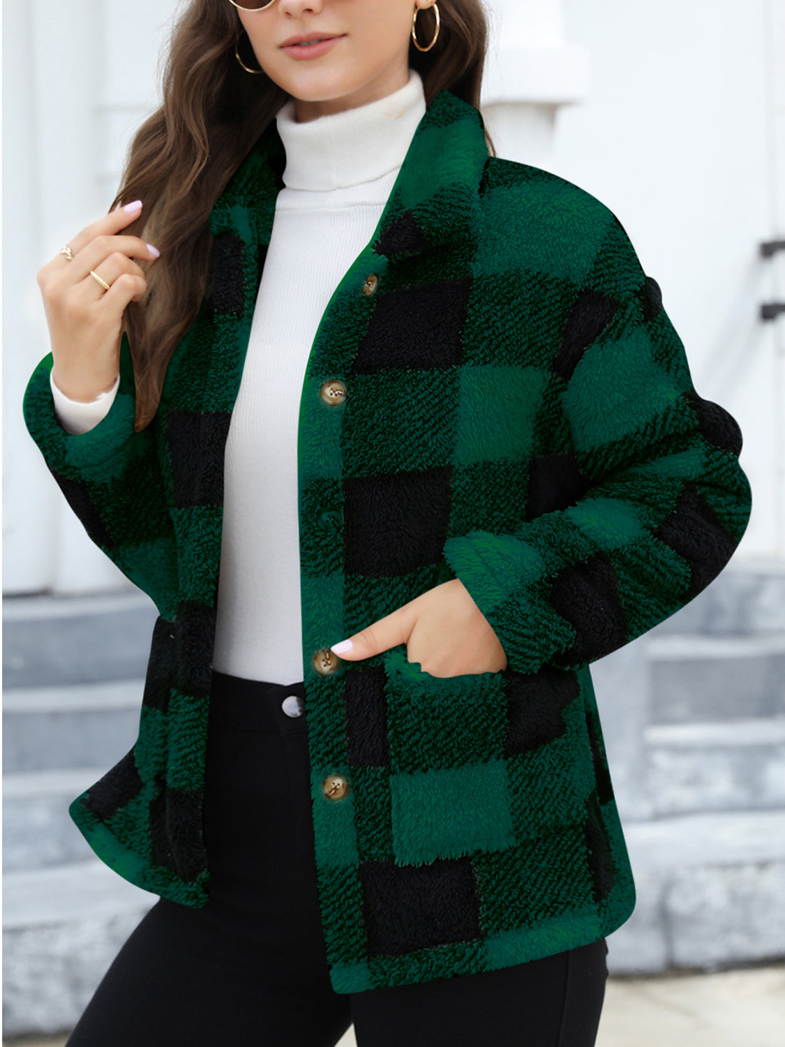 Button Up Drop Shoulder Fuzzy Jacket - Charming Charlie