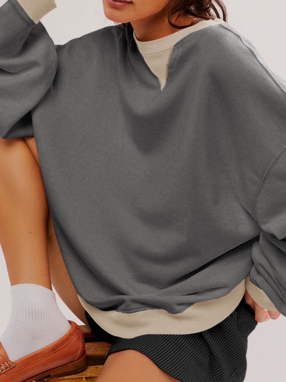 Contrast Dropped Shoulder Long Sleeve Sweatshirt - Charming Charlie