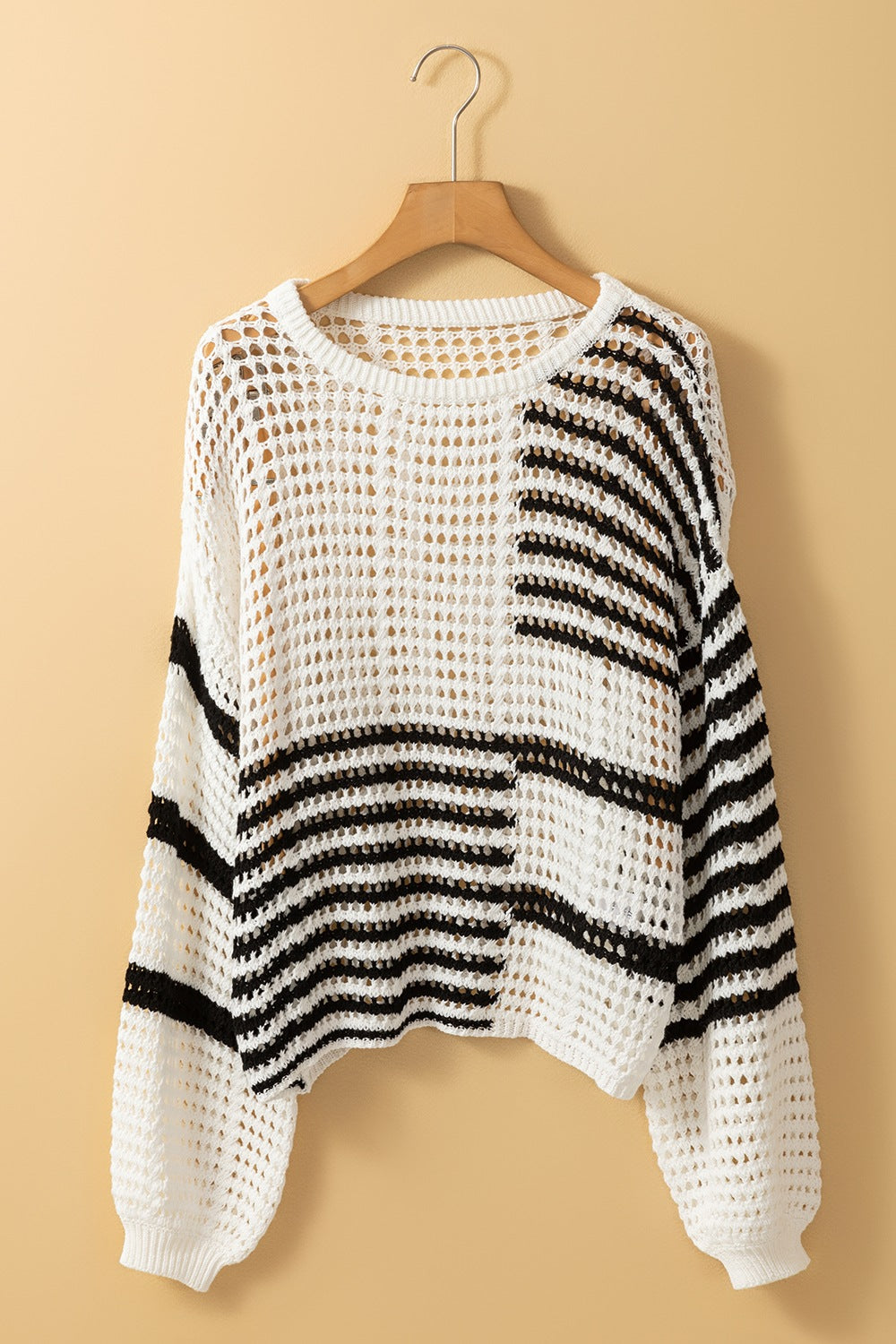 Contrast Striped Crochet Long Sleeve Knit Cover Up - Charming Charlie