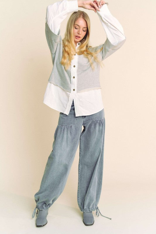 Davi & Dani Faux Layered French Terry Contrast Top - Charming Charlie