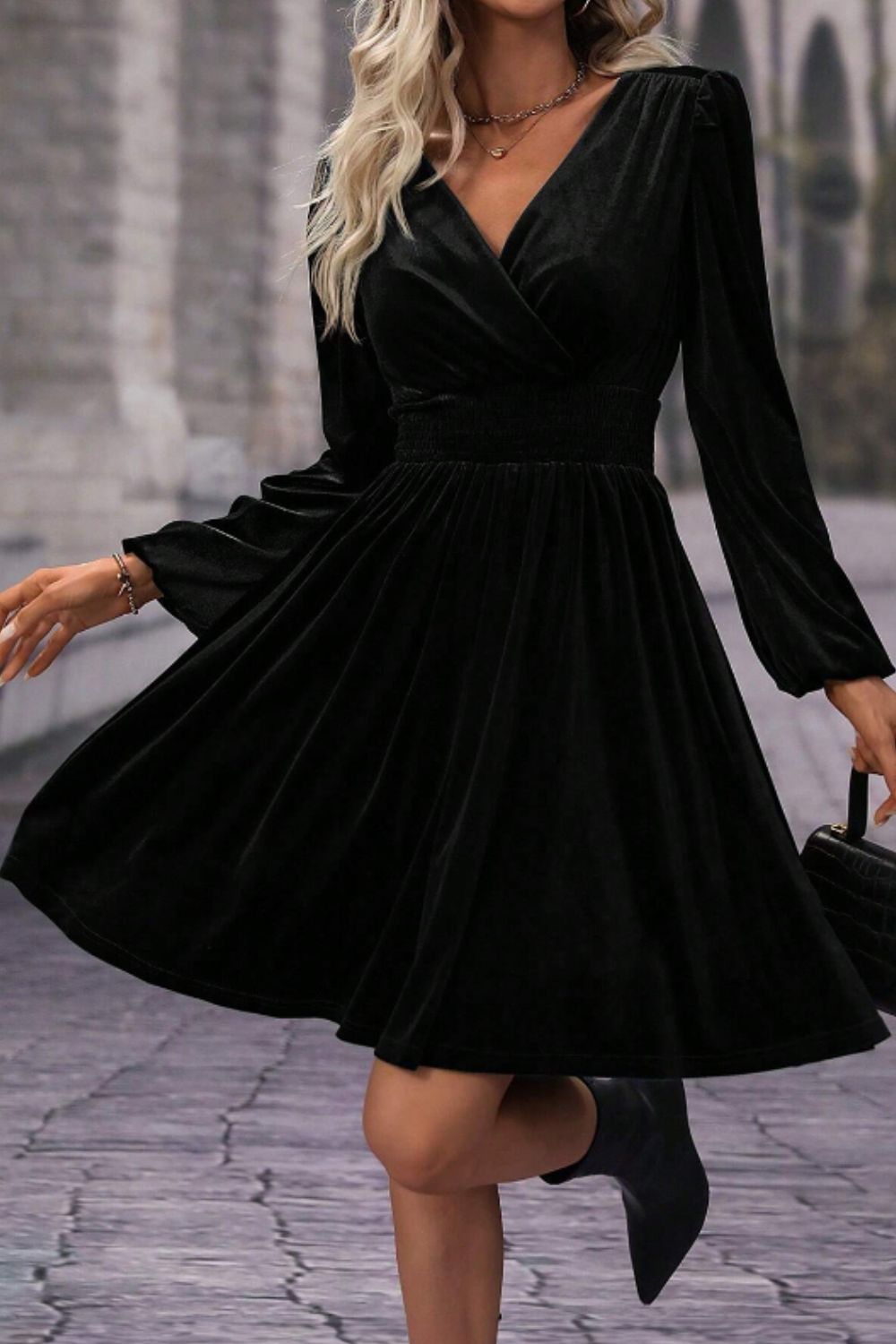 Surplice Long Sleeve Velvet Dress - Charming Charlie