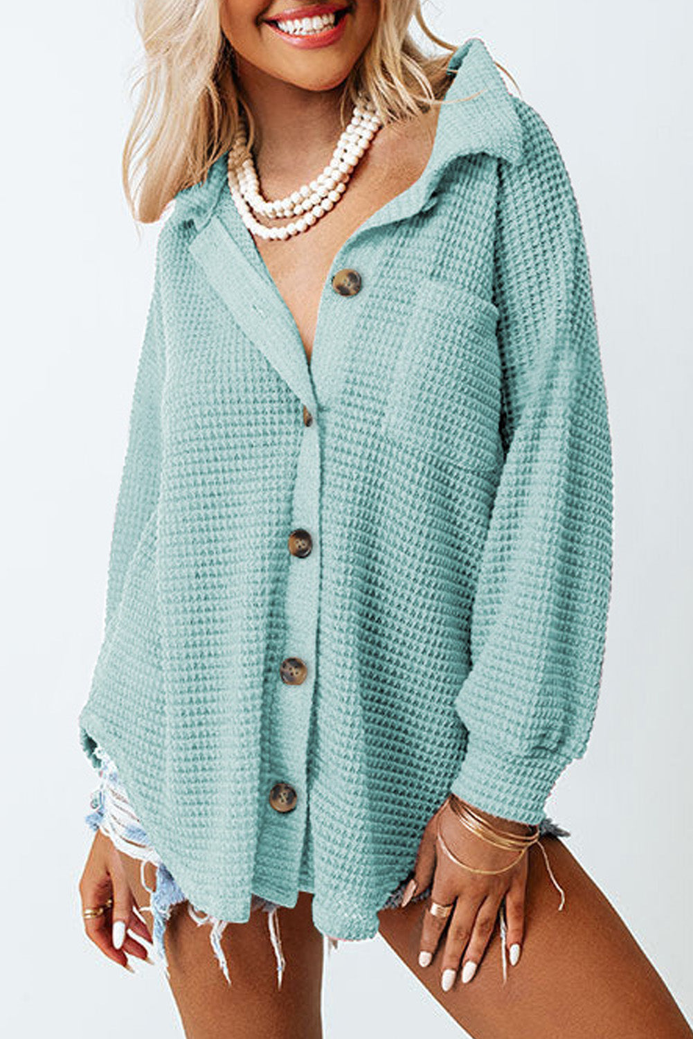 Waffle-Knit Collared Neck Long Sleeve Shirt - Charming Charlie