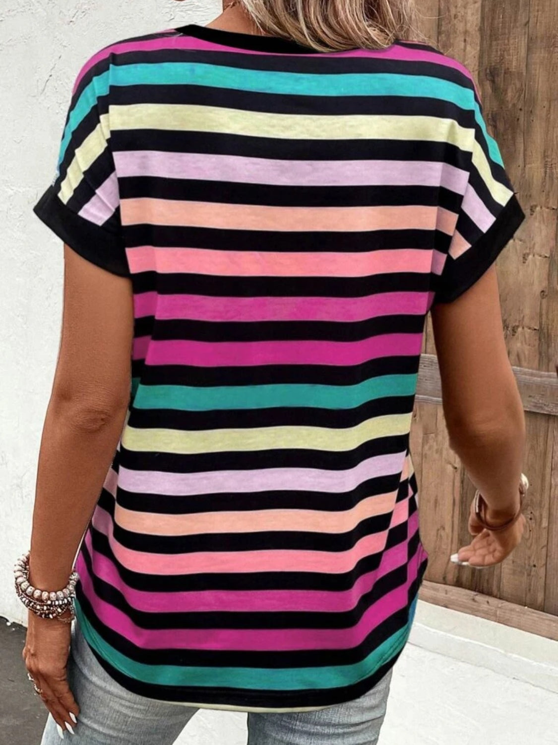 Striped V-Neck Short Sleeve T-Shirt - Charming Charlie