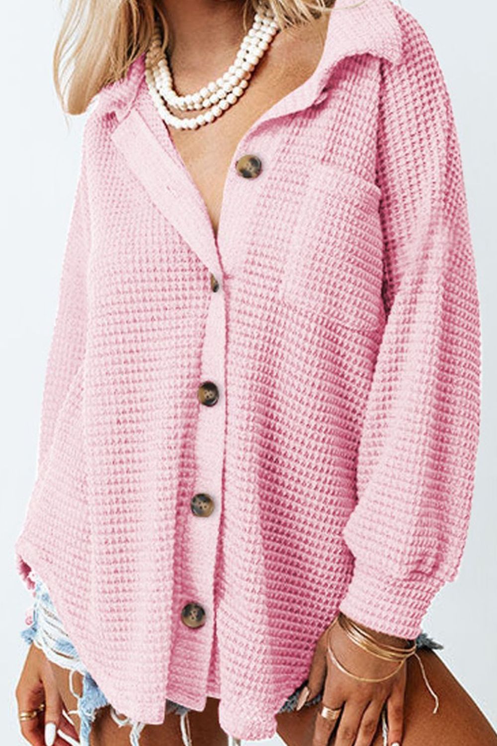 Waffle-Knit Collared Neck Long Sleeve Shirt - Charming Charlie