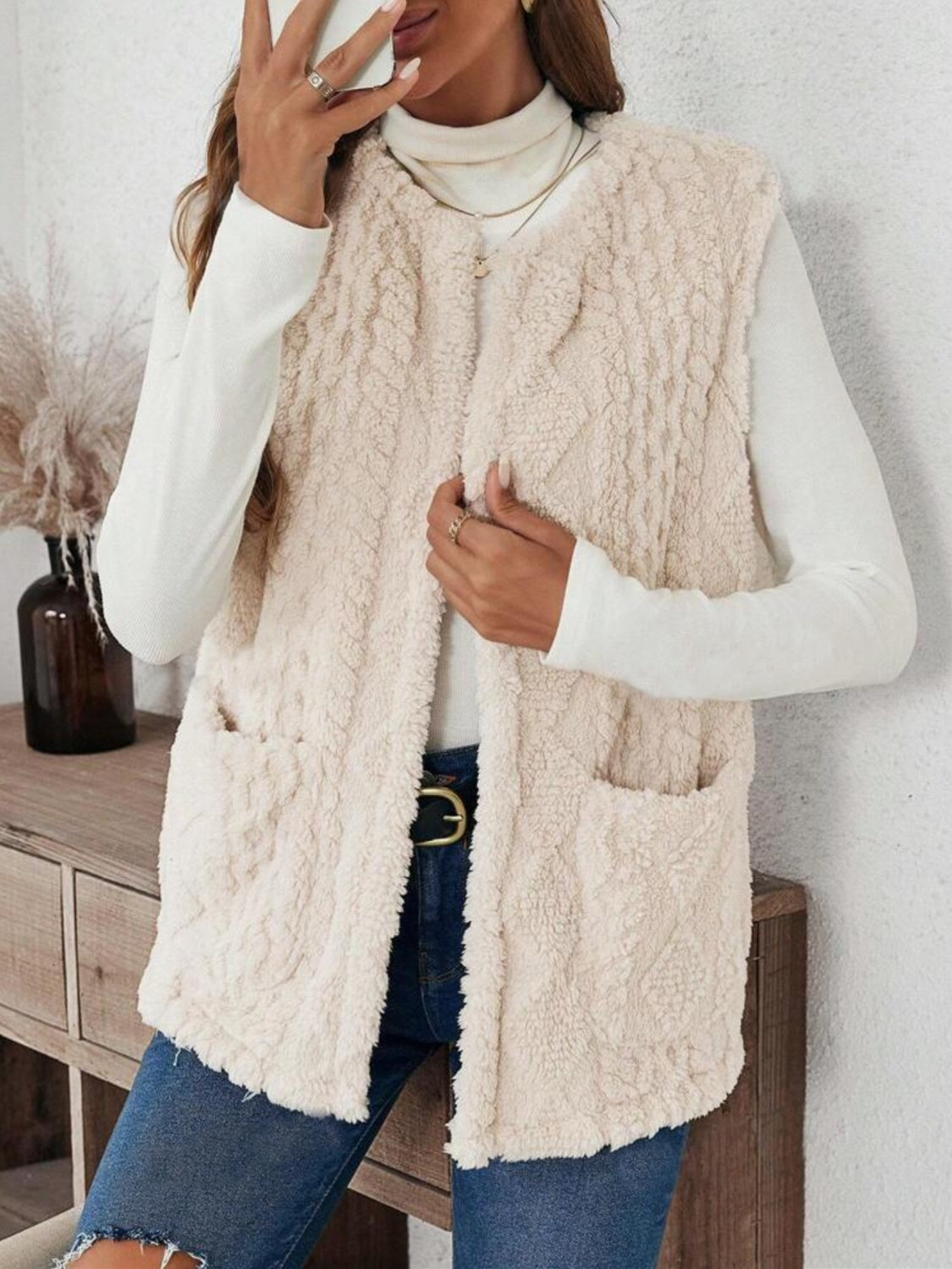 Fuzzy Open Front Vest with Pockets - Charming Charlie