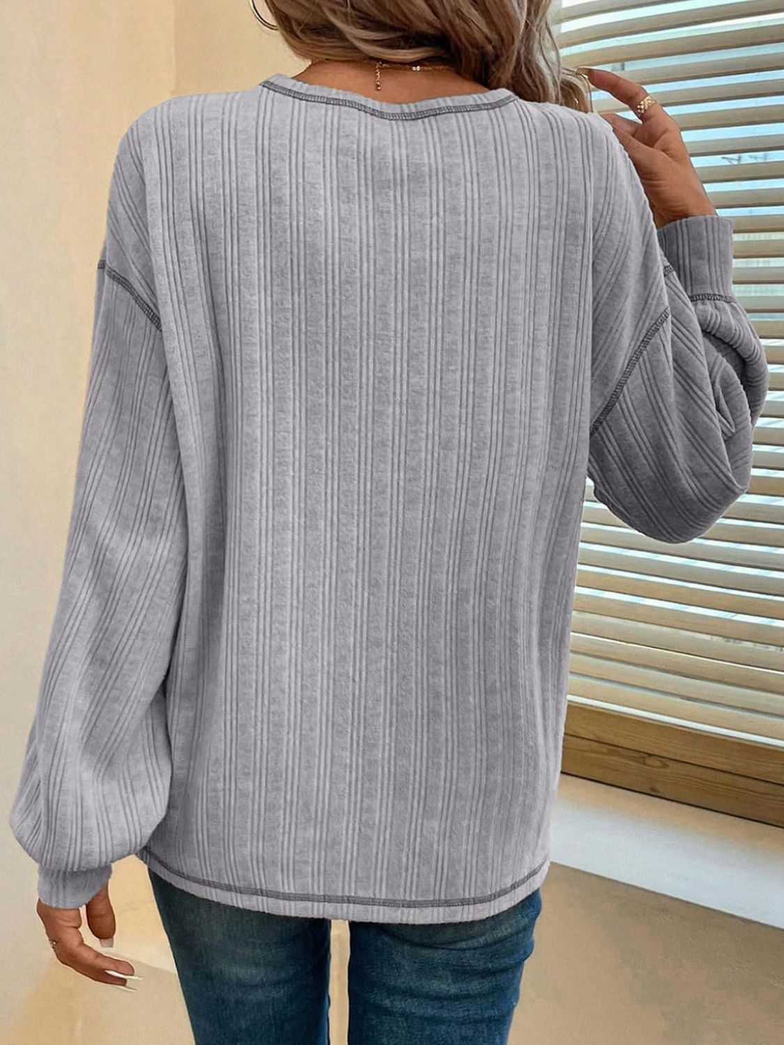 Mandy Contrast Stitching Round Neck Long Sleeve T-Shirt - Charming Charlie