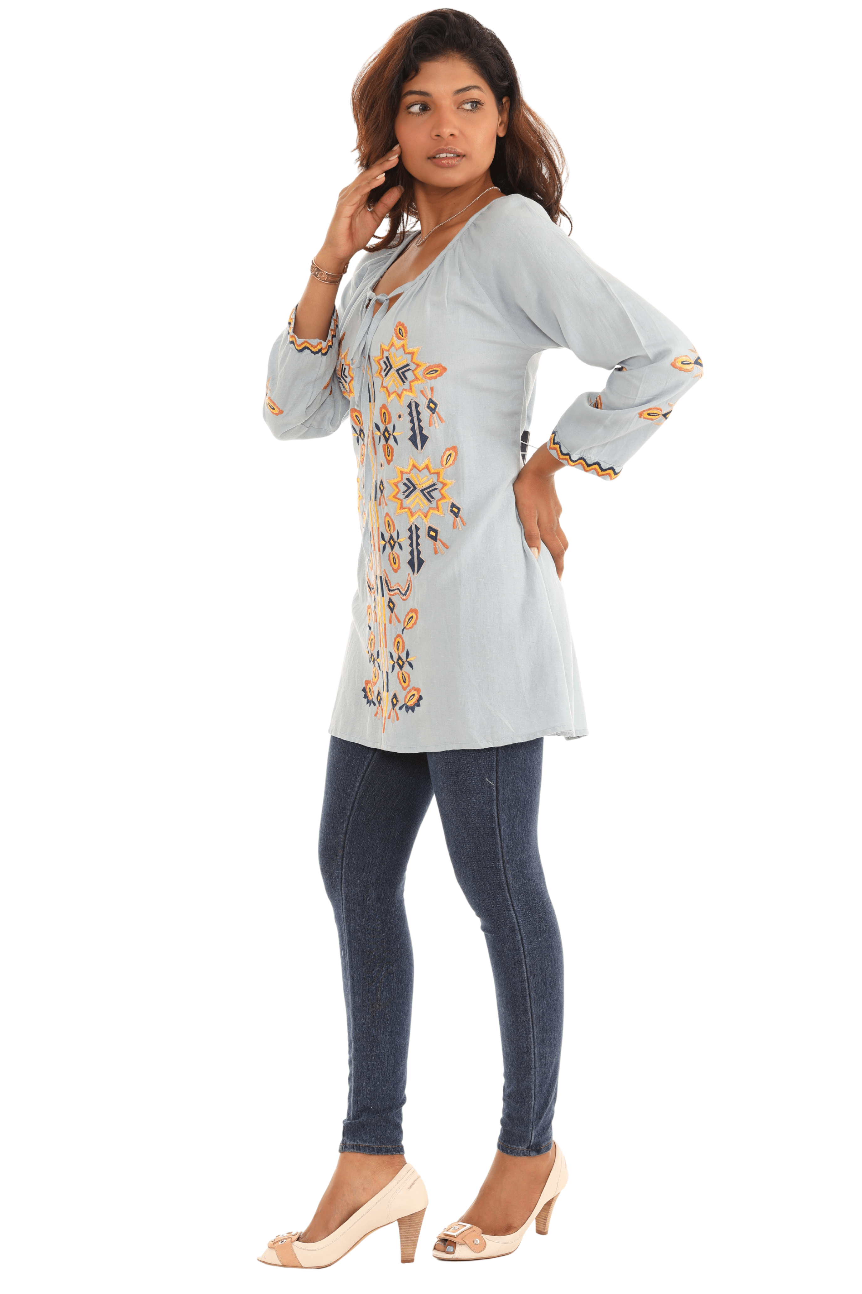 Embroidered flowers three-quarter sleeve top - Shoreline Wear, Inc.
