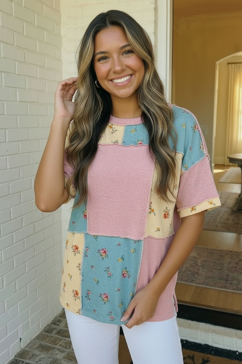 Patchwork Floral Waffle Knit Top - Charming Charlie