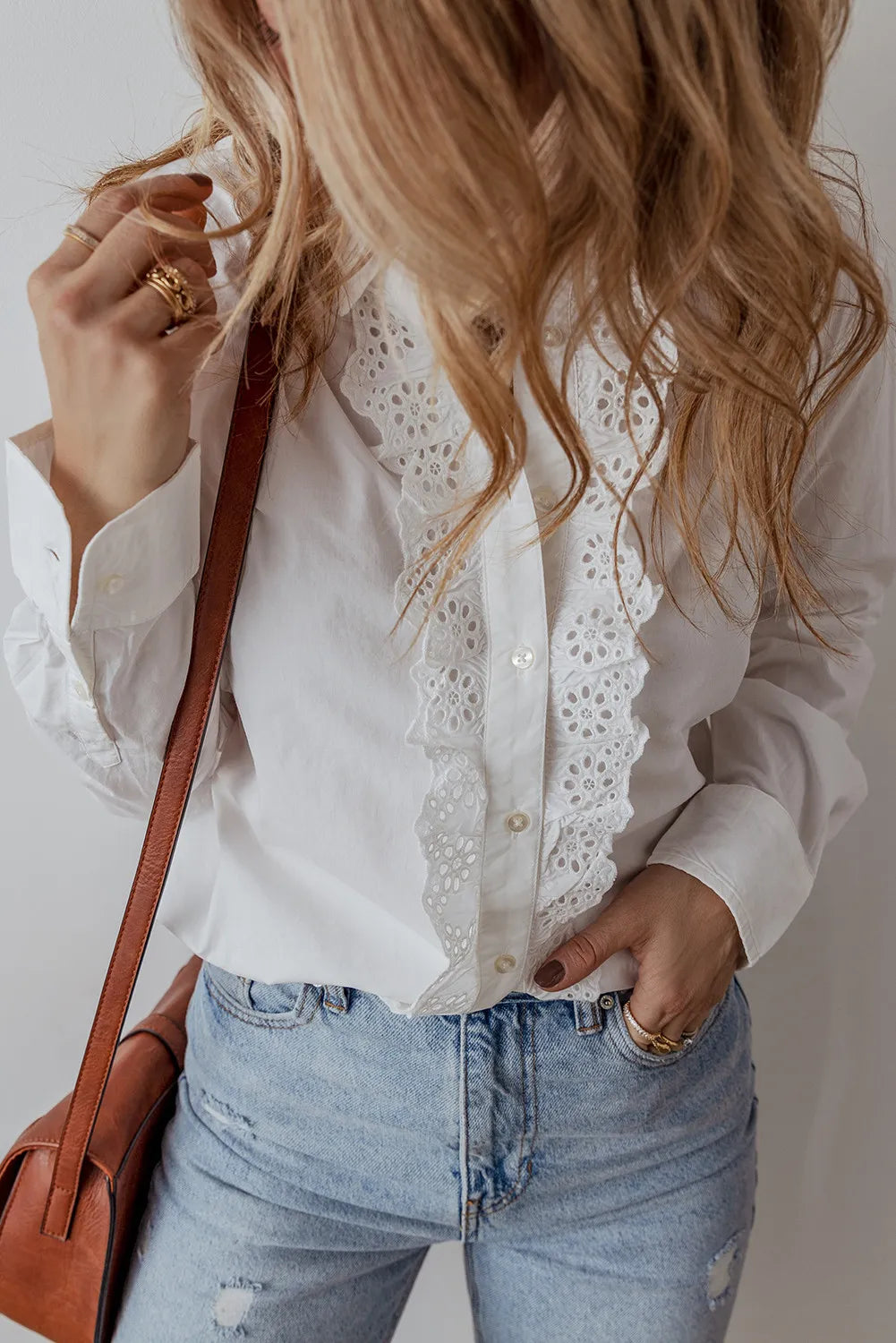 Eyelet Button Down Long Sleeve Shirt - Charming Charlie