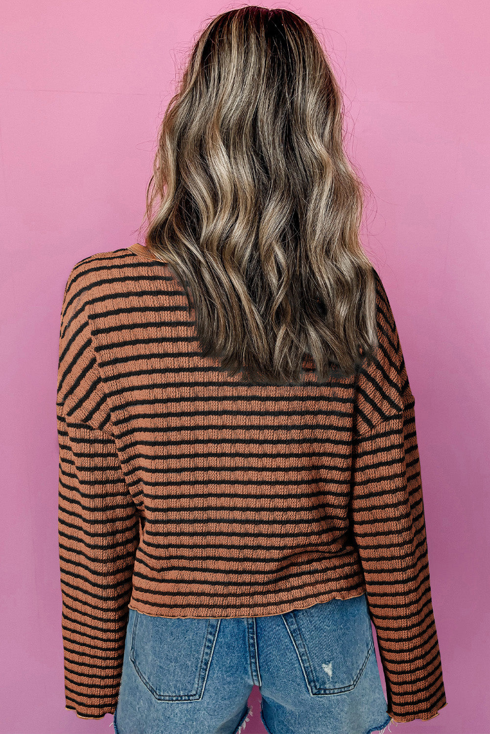Striped Half Button Long Sleeve Blouse - Charming Charlie