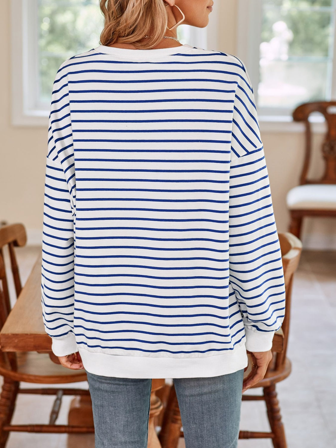 Striped Round Neck Long Sleeve Sweatshirt - Charming Charlie