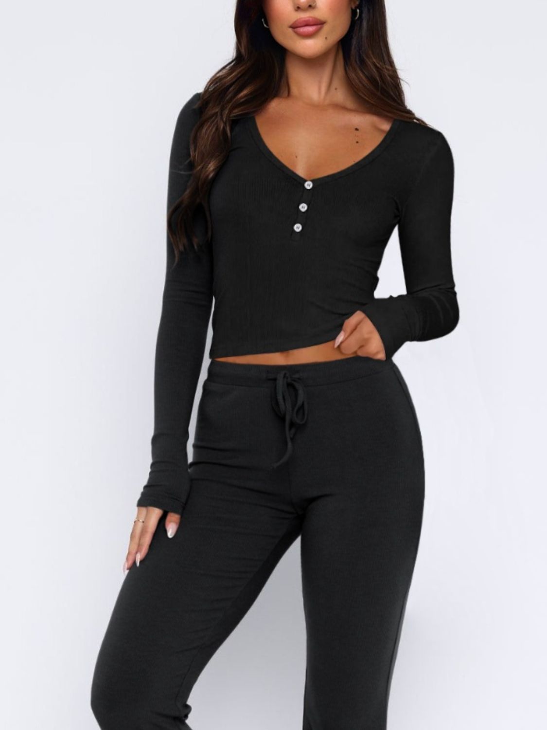 V-Neck Long Sleeve Top and Pants Set - Charming Charlie