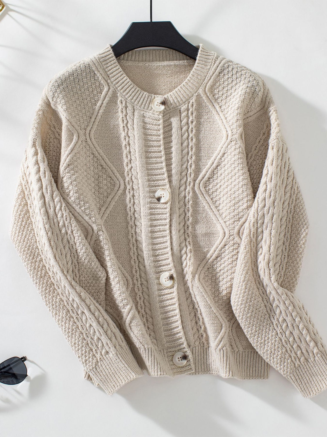 Cable-Knit Round Neck Button Up Cardigan - Charming Charlie