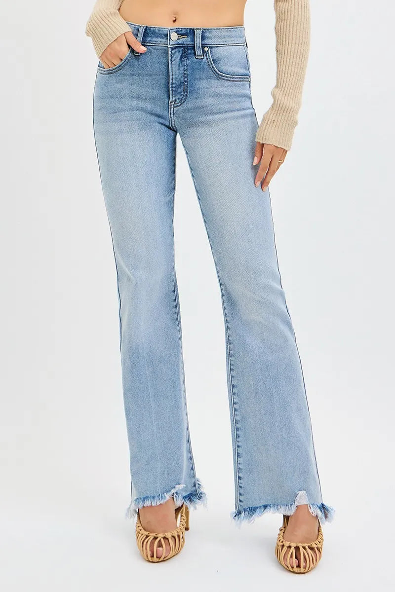 RISEN Full Size Tummy Control Mid Rise Flare Jeans with Fray Hem Detai