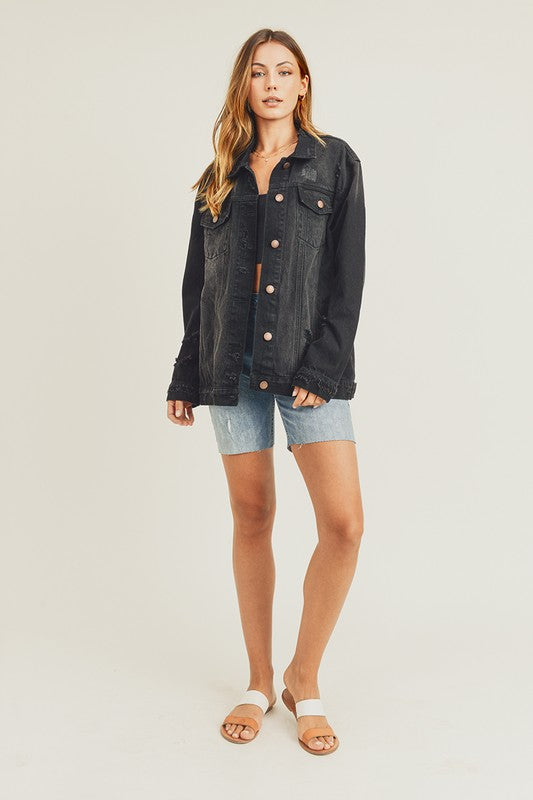 RISEN Full Size Distressed Long Sleeve Denim Jacket - Charming Charlie