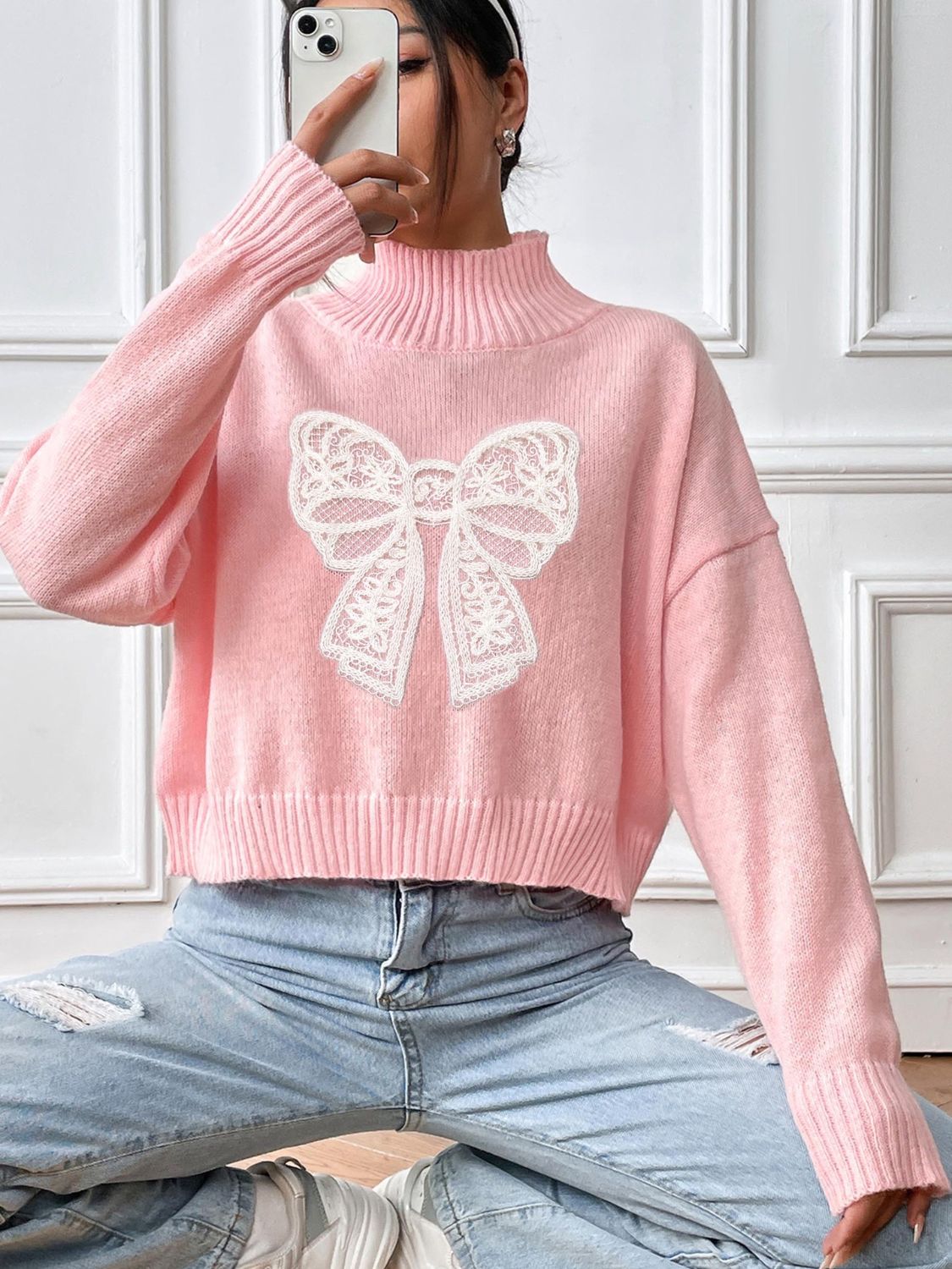 Bow Turtleneck Long Sleeve Sweater - Charming Charlie